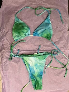 Unbranded Green and Blue Watercolor Tie-Dye Triangle Bikini